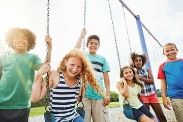 Portrait, children or kids in park outdoor playing together for friendship, bonding and relationship development. Happy, young people and swing on jungle gym for childhood fun or summer break