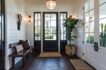Fototapeta premium Beautiful Antechamber Entrance with Shiplap Wall, Brown Hardwood Floors, Bench and Bright Hanging