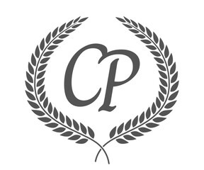Initial letter C and P, CP monogram logo design with laurel wreath. Luxury calligraphy font.