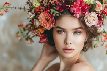 Handsome woman with flower decoration in hair
