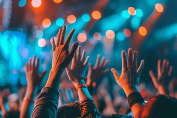 People at a concert waving their hands. The stage with a light show in the background