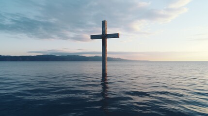 Cross on water, Christian symbol in sea. Concept of the search for faith. AI generated
