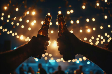 Two hands toasting with beer bottles at music concert