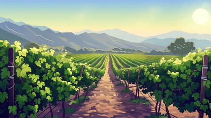 Sunlit Vineyard Rows Against Mountain Backdrop, Idyllic Wine Country Landscape