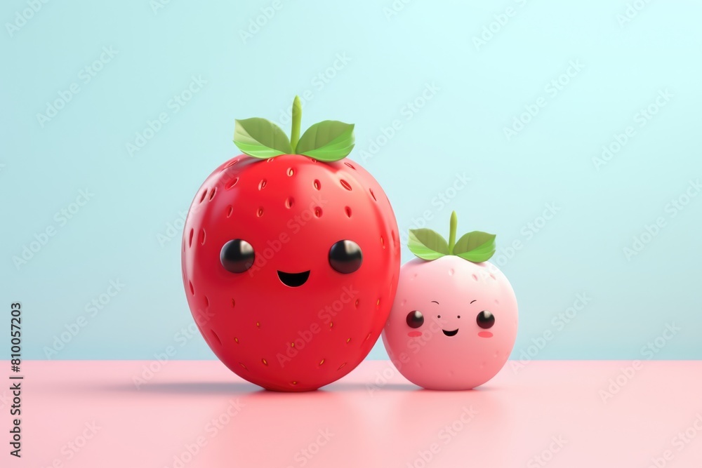 Wall mural 3d illustration of cute strawberry and small strawberry on pastel background.