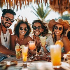 Trendy group of friends drinking cocktails at party. Young people having fun on luxury resort.