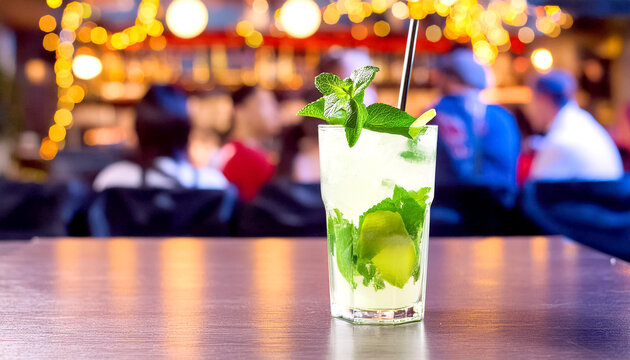 Cocktail Mojito, im Hintergrund eine Bar 