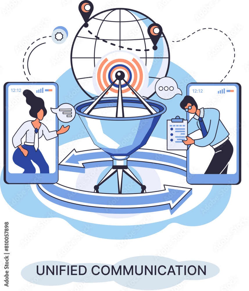 Poster unified communication. characters use wireless telephony connection. telecommunication system via cl