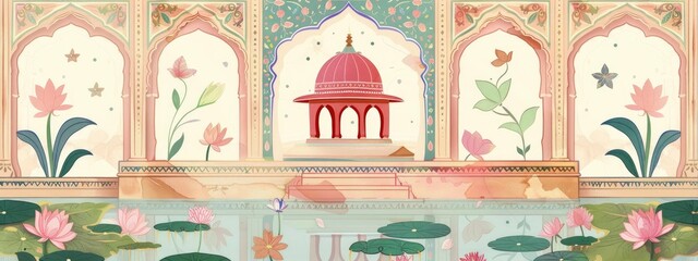 An Indian palace in pink, green and blue pastel colors with an arched door frame on cream background. small domed roof house surrounded by water lilies. Indian patterns and floral
