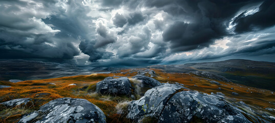A stormy sky over rugged hillocks, the dynamic clouds and lighting captured with an ultra HD camera to emphasize the drama of the scene