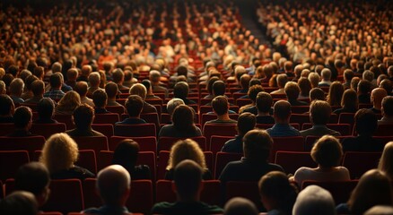 Obraz premium Banner of business, A large crowd of people are sitting in a theater. The audience is filled with people of all ages, dressed in suits and ties. The atmosphere is formal and professional