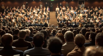 A large crowd of people at a public business conference meeting or music event, banner