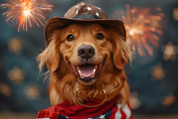 Funny patriotic dog in hat with American flag and fireworks on background, 4 July Independence Day...
