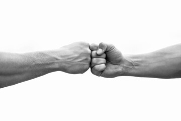 Fist Bump. Clash of two fists, vs. Gesture of giving respect or approval. Friends greeting....
