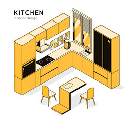 3d concept kitchen interior, furniture and household appliances for cooking. Home, 

room, template furniture store, design studio, architectural business, hostel. Vector linear isometric illustration