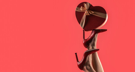 Red heart-shaped box with ribbon on red background. Female legs wearing high heels. Gift in heart shape on the background. Gift tied with ribbon