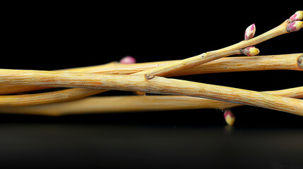  A close-up of a group of sticks resting on a black background, featuring pink blossoms atop their branches