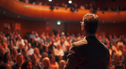 Banner, A man stands in front of a crowd of people, giving a speech. The audience is attentive and engaged, with many people looking at the speaker. The atmosphere is serious and focused