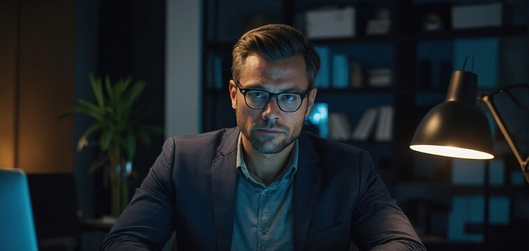 Smart businessman in casual day focusing computer to create business plan report over late night time at office, working on searching tools market planning with new startup company project