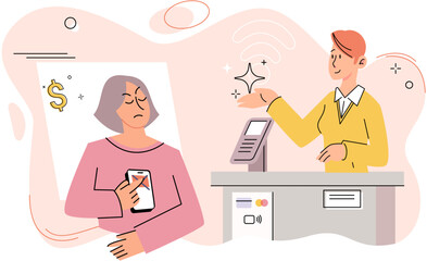 Cashless payment. Vector illustration. Mobile wallets cstore multiple payment methods for added convenience Online and mobile payment options are available 24 7, allowing for anytime transactions