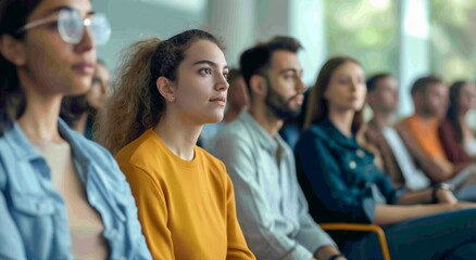 Obraz premium A group of people are sitting in a room, with one woman wearing a yellow shirt. Scene is one of quiet contemplation, as the people are all staring at something in the background