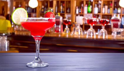 Cocktail Strawberry Margarita, im Hintergrund eine Bar 