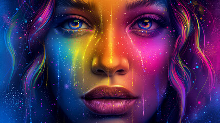 A colorful painting of a woman's face with a rainbow of colors