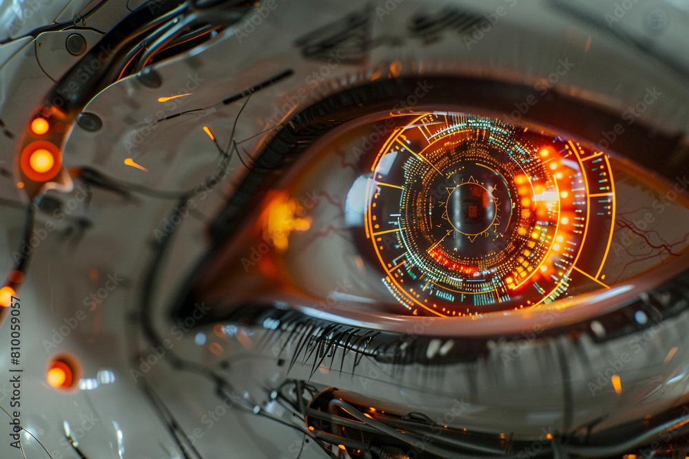 Poster zoomed-in image of a robotic eye with advanced sensors, mimicking human-like features