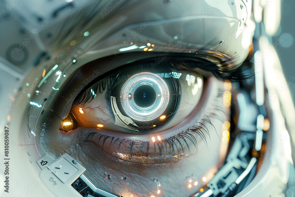 Poster zoomed-in image of a robotic eye with advanced sensors, mimicking human-like features
