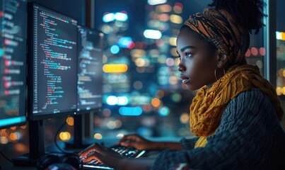 Obraz premium A woman is sitting in front of two computer monitors