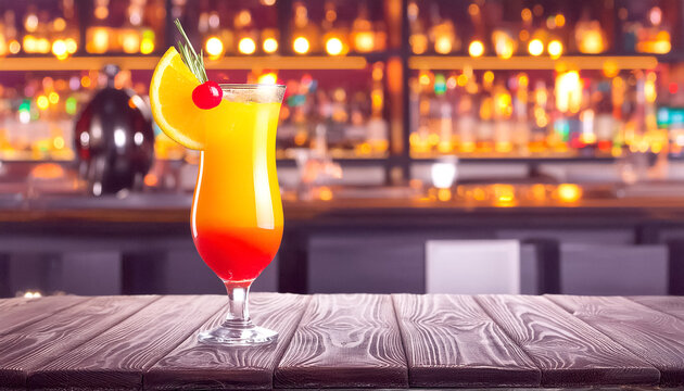 Cocktail Tequila Sunrise, im Hintergrund eine Bar 