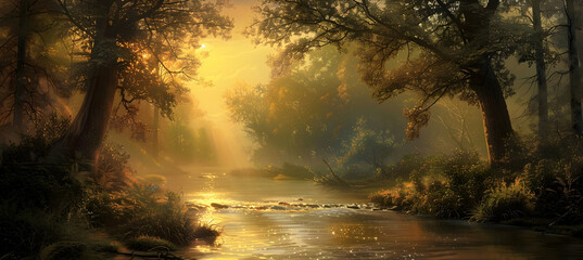A sunrise scene over a forest stream, the early morning light casting golden hues on the water and nearby trees - Powered by Adobe