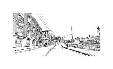 Print Building view with landmark of St. John's is the capital and largest city in Newfoundland and Labrador. Hand drawn sketch illustration in vector.