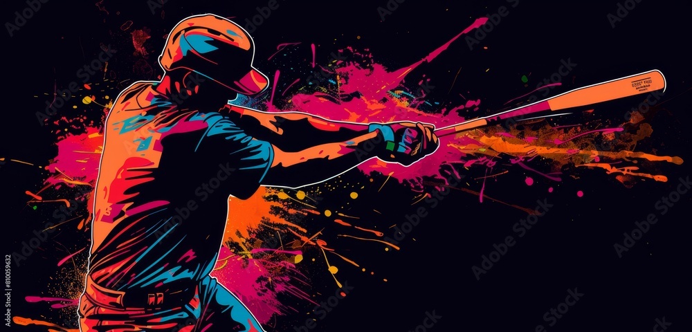 Poster a baseball player swinging the bat with colorful splashes on a black background generative ai