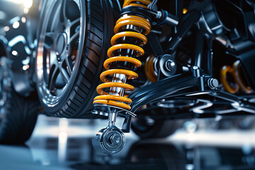 Fototapeta premium Zoomed-in image of an innovative shock absorber system on a performance vehicle, suspension details visible 