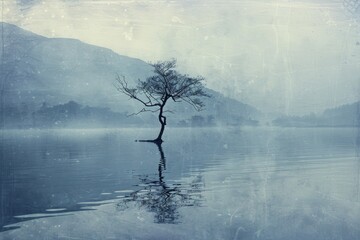 A lone tree standing in the middle of a serene lake. Perfect for nature and landscape themed projects - Powered by Adobe