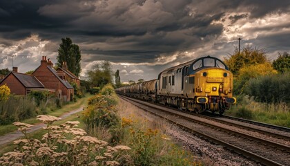 Obraz premium a British freight train with a yellow and grey livery, passing through a village on a railway track under a cloudy sky. 