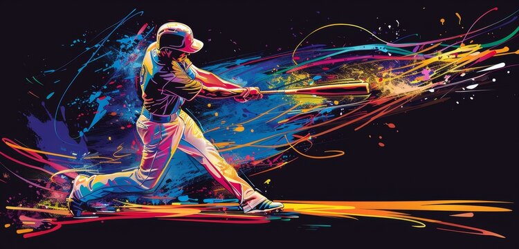 baseball player swinging the bat, colorful paint splashes on a black background Generative AI