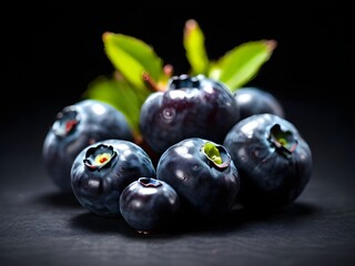 Blueberries with leaves on black background. Fruits and summer berries