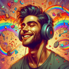 digital art pride theme illustration of a young man with headphones vibin to music