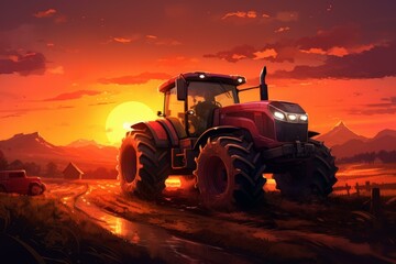 Obraz premium Tractor sunset. Farmland crop work. Generate Ai