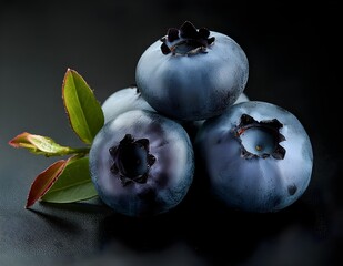 Fresh ripe blueberries with leaves on black surfaces. Fruits and summer berries