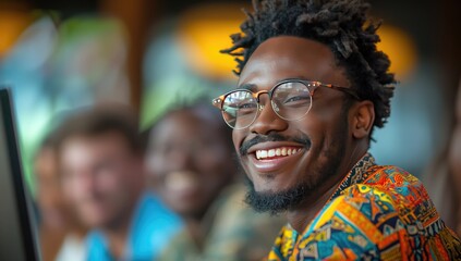 A yong afro man with glasses and a beard is smiling at the camera