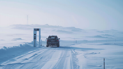 A car is driving on a snowy road with a sign in the background