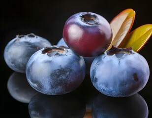 Blueberries with leaves on black reflective background. Close up shot. Fruits and summer berries