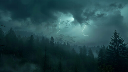 Obraz premium A thunderstorm rolling in over a dense woodland, with dark clouds and the contrast of lightning illuminating the trees, captured in ultra HD