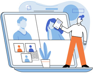 Online meeting. Vector illustration. Effective communications are essential for productive online meetings Telecommunication technology has transformed way we connect in distant locations Connecting