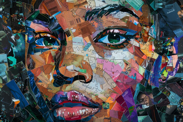 A colorful collage of a woman's face with a variety of different colored papers