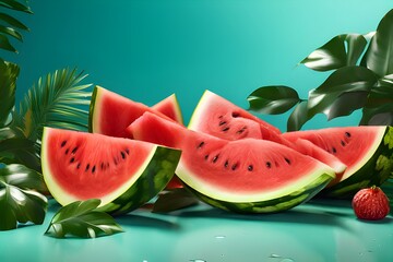 Fresh watermelon with raindrops. Natural fruits, Tasty and healthy organic food. Playground AI platform.