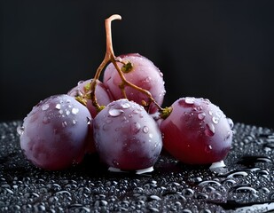Fresh red grapes with drops of water on black surface. Close up shot. Fruits and summer berries illustration